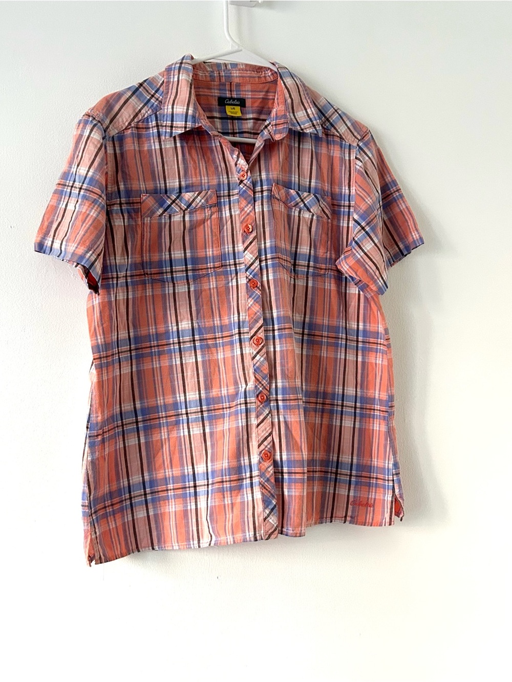 Cabela’s Women’s Large Plaid Button Up Shirt Orange Blue Short Sleeve Outdoor